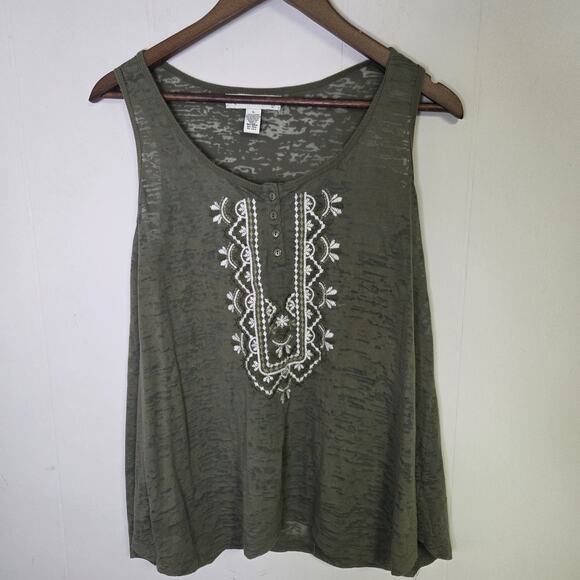 French Laundry Olive Green Sheer Embellished Tank Top Size Large - Picture 1 of 7